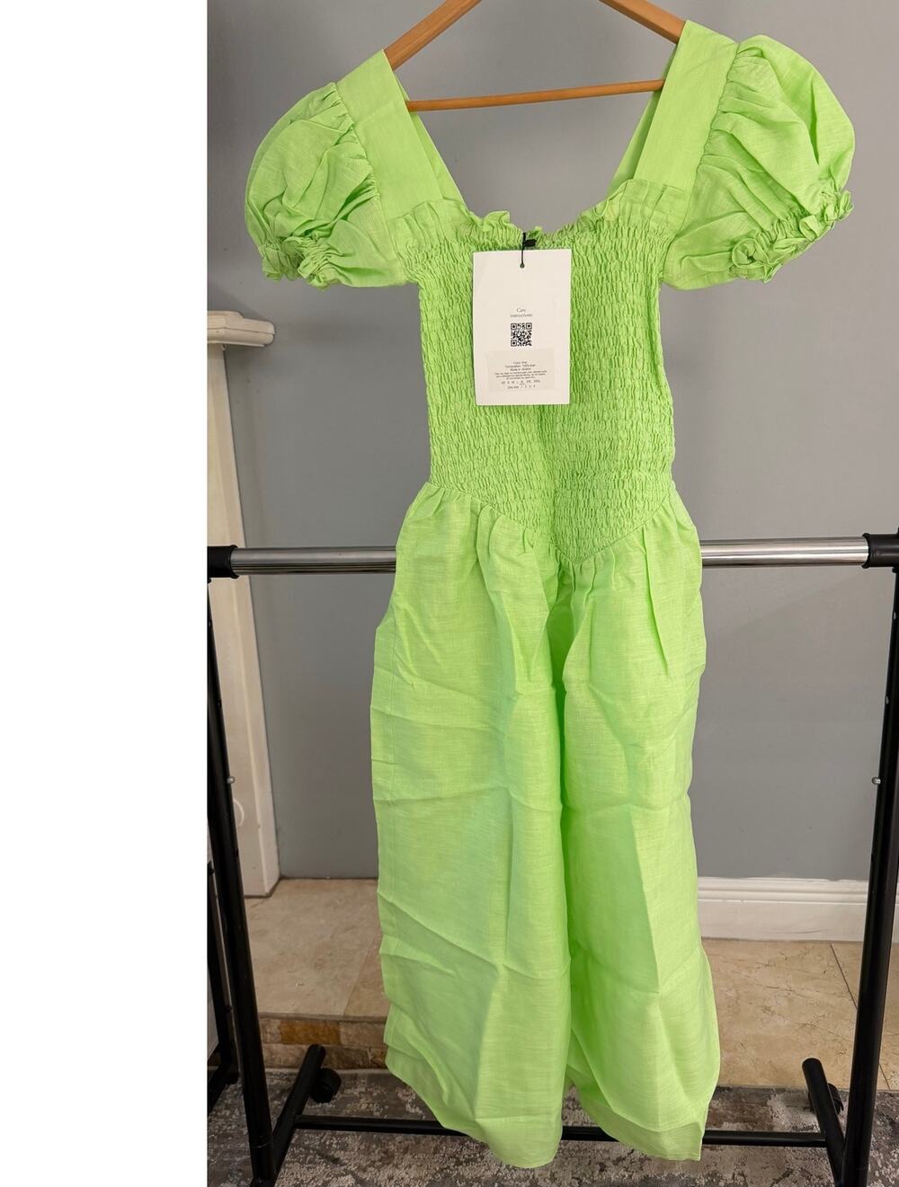 Sleeper Belle Linen Smocked Bodice Midi Dress Green XL